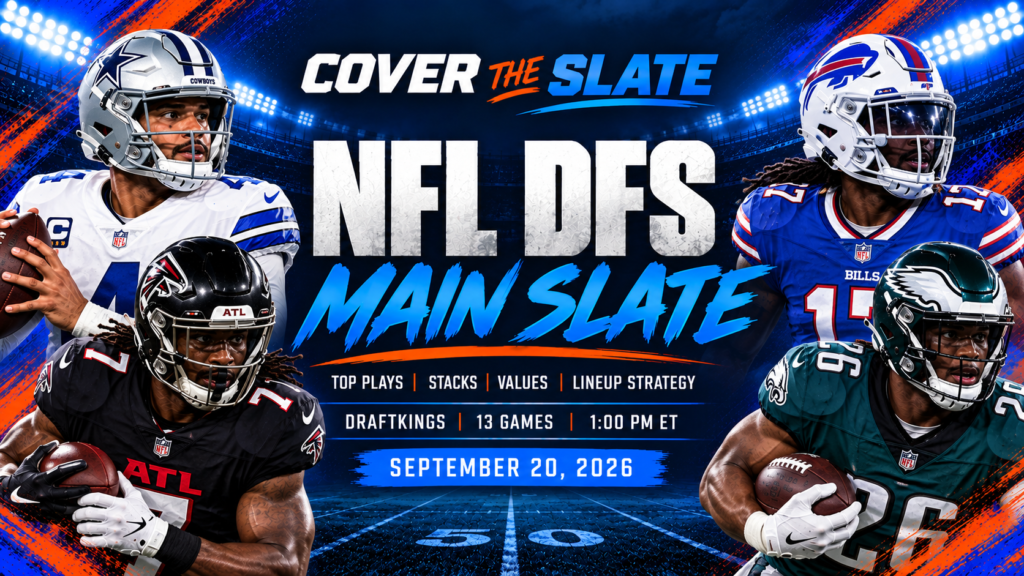 Cover The Slate NFL DFS Week 2 DraftKings main-slate graphic for September 20, 2026. Add the names of the verified players actually depicted.