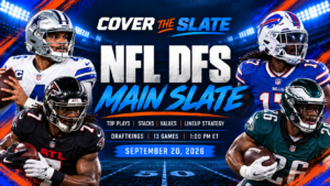 Cover The Slate NFL DFS Week 2 DraftKings main-slate graphic for September 20, 2026. Add the names of the verified players actually depicted.