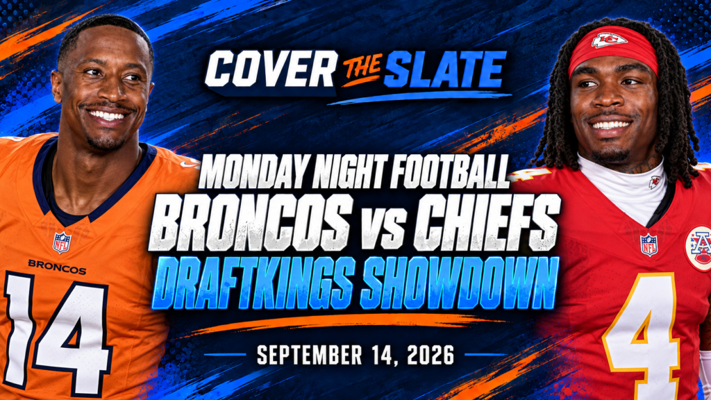 Cover The Slate Broncos vs. Chiefs DraftKings Showdown picks for Monday Night Football, September 14, 2026, featuring Rashee Rice, Courtland Sutton and Bo Nix.
