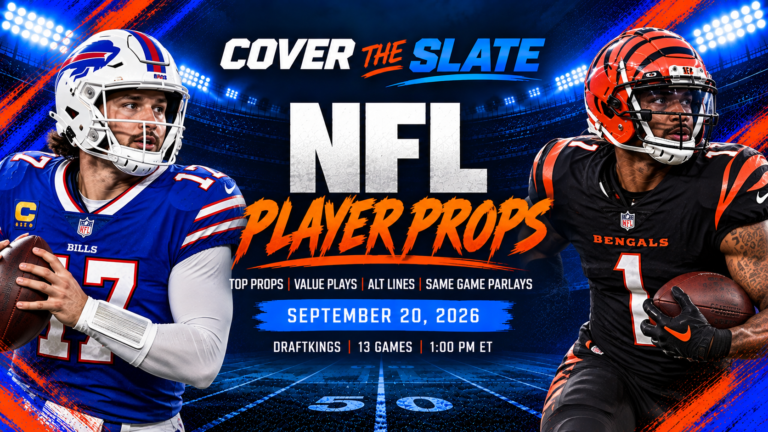 Cover The Slate NFL Week 2 player props graphic for Sunday, September 20, 2026.