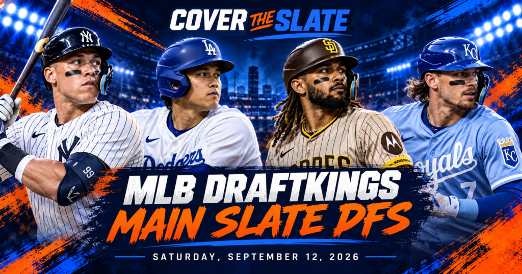 Cover The Slate MLB DraftKings main slate graphic featuring Tyler Glasnow, Aaron Judge, Riley Greene and Fernando Tatis Jr.